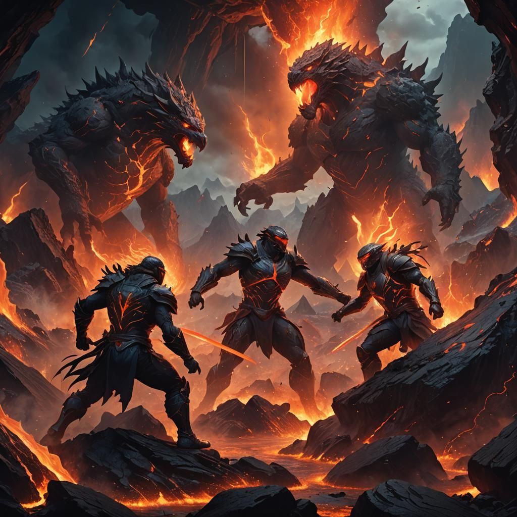 Volcanic Clash: Heroes Battle in Lava Landscape