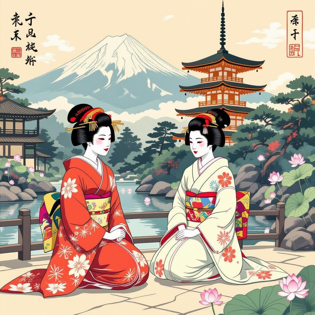 Geishas in Garden with Kilimanjaro: Japanese Art Style