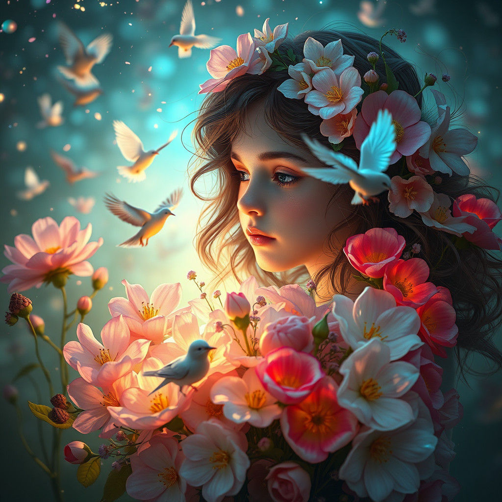 Mystical Flower Girl Portrait in Art Nouveau Style