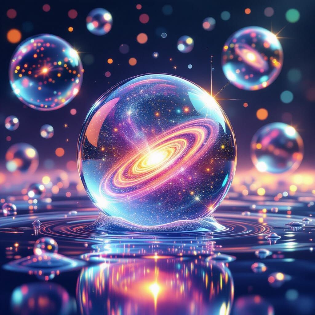 Iridescent Bubbles Reflecting Tiny Universes in Digital Art
