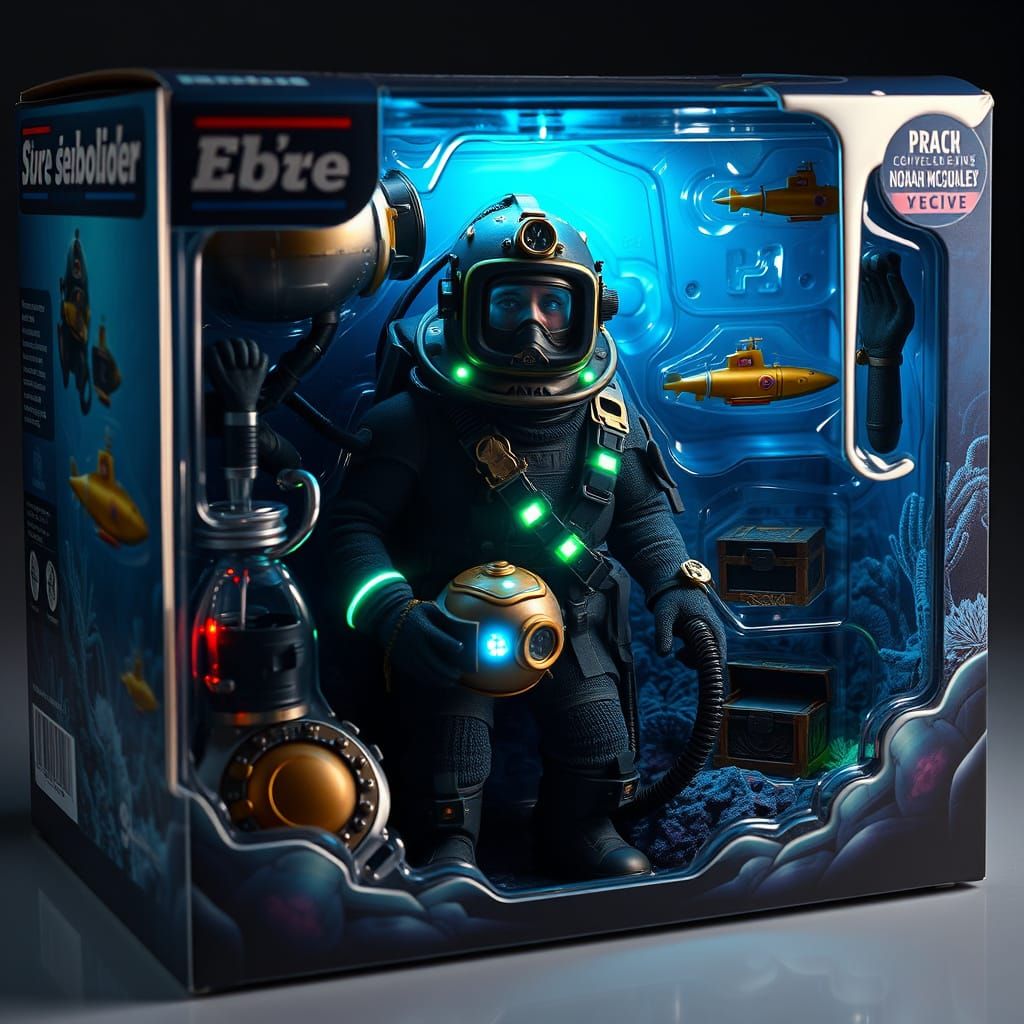 Hyperrealistic Deep-Sea Explorer Action Figure in Toy Box