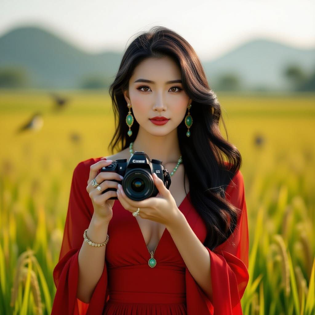 Contemplative Chinese Woman Capturing Rice Paddy Beauty