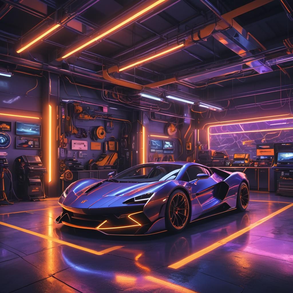 Supercar in Neon Garage: Futuristic Matte Painting