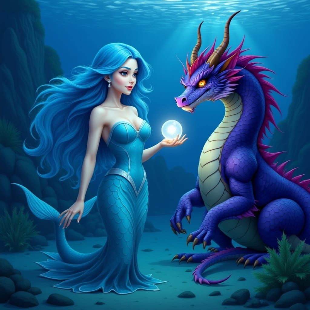 Mermaid and Purple Dragon Discover Pearl Underwater
