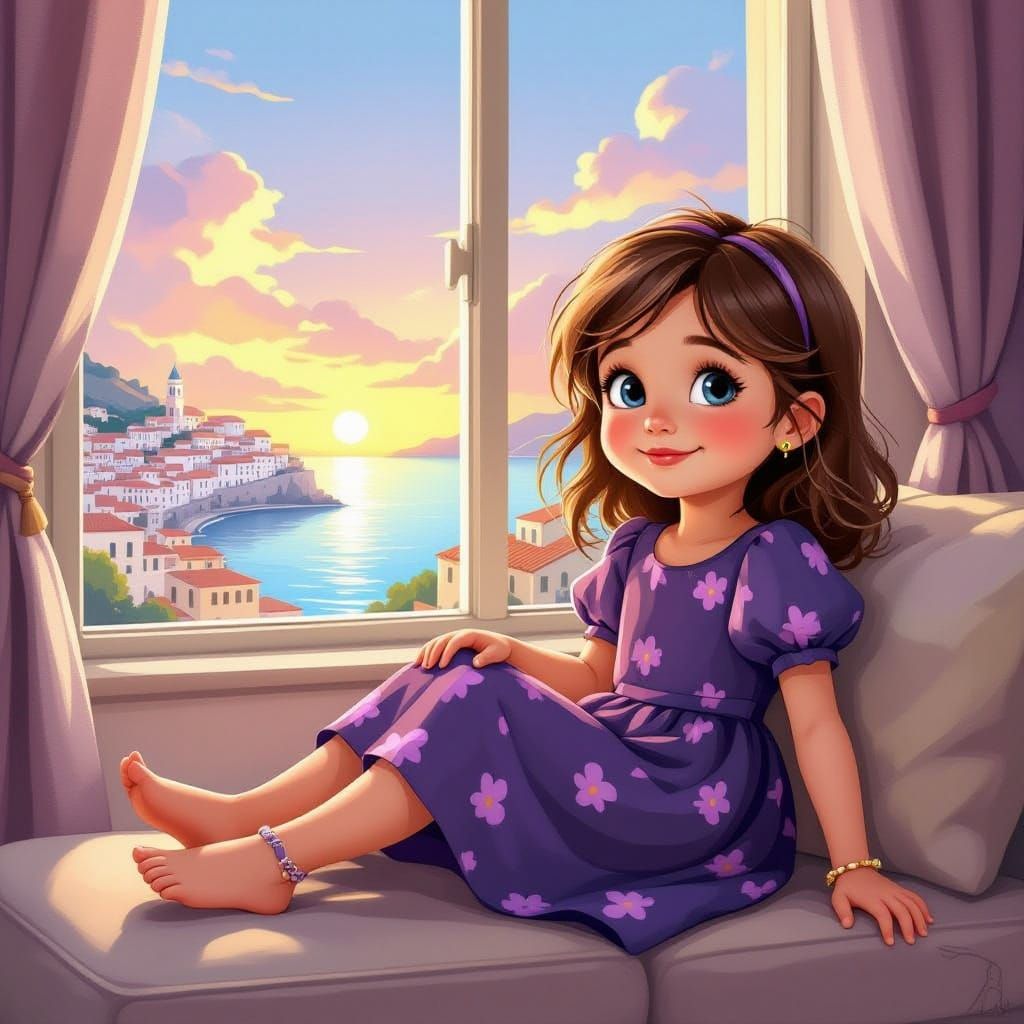 Italian Girl Relaxing on Couch in Sunset Coastal Town