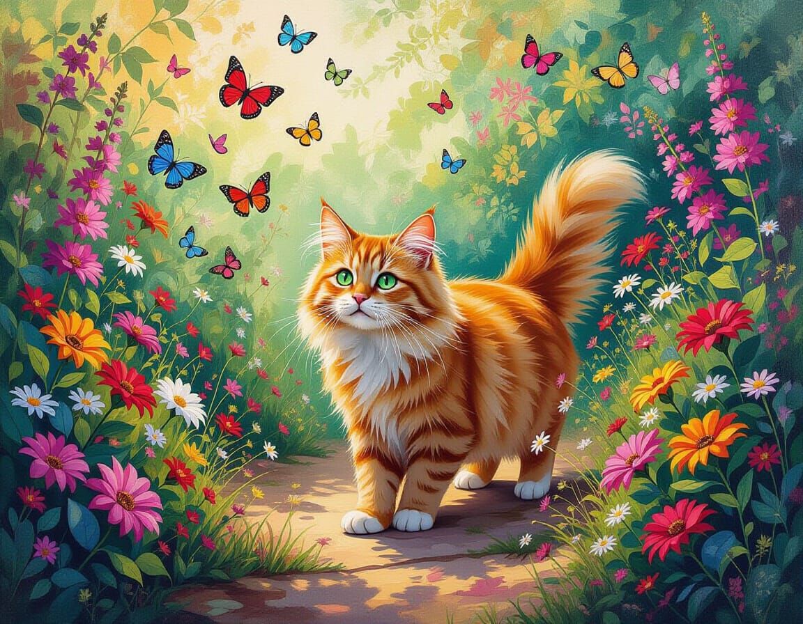 Ginger Cat's Butterfly Chase: Aquarelle Pointillism