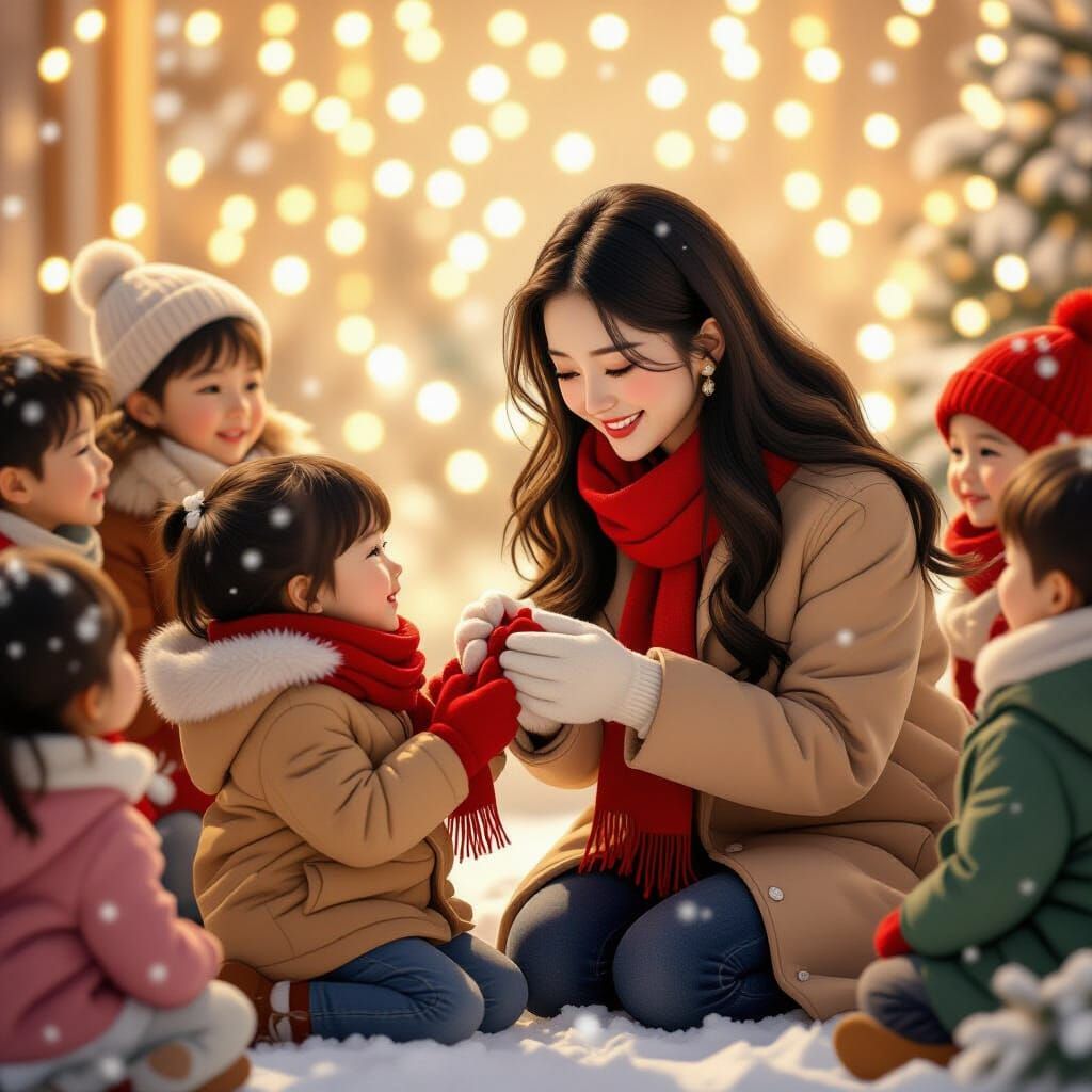 Winter Volunteer Scene with Children