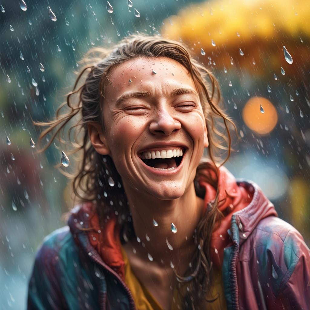 Joyful Laughter in the Rain: Hyperrealistic Splash Art