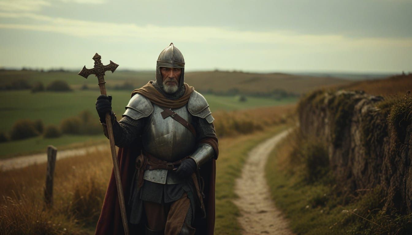 Epic 12th Century Knight Amidst Countryside Serenity