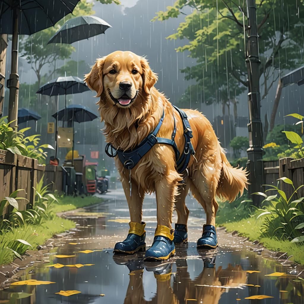 Golden Retriever in Rain Boots: Ghibli Anime