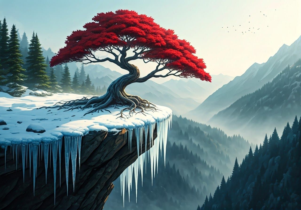 Majestic Crimson Tree on Snow-Covered Cliff in Winter Wonder...