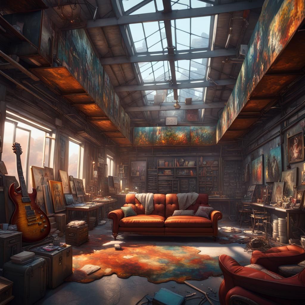Eclectic Steel Building Interior with Artistic Furnishings