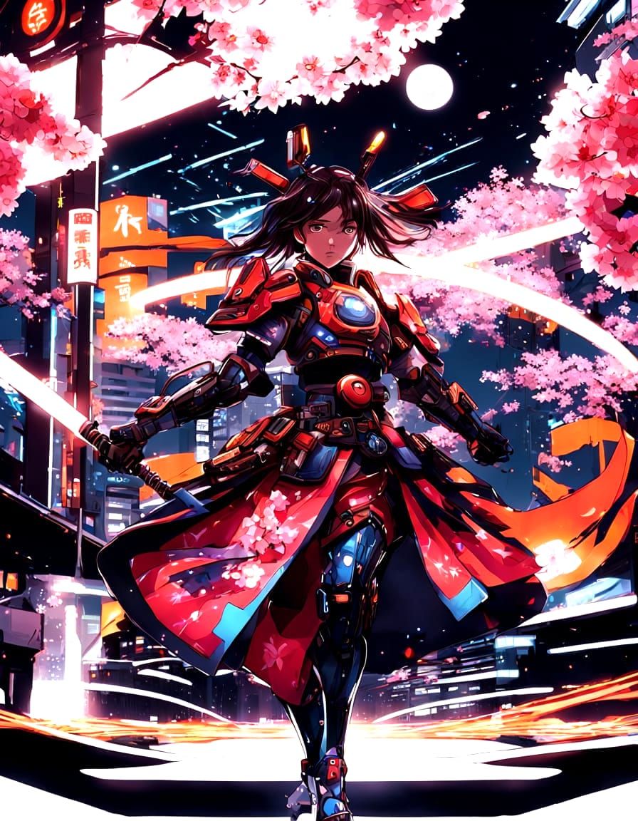 Neon Cyborg Samurai in Sci-Fi City: Anime Style