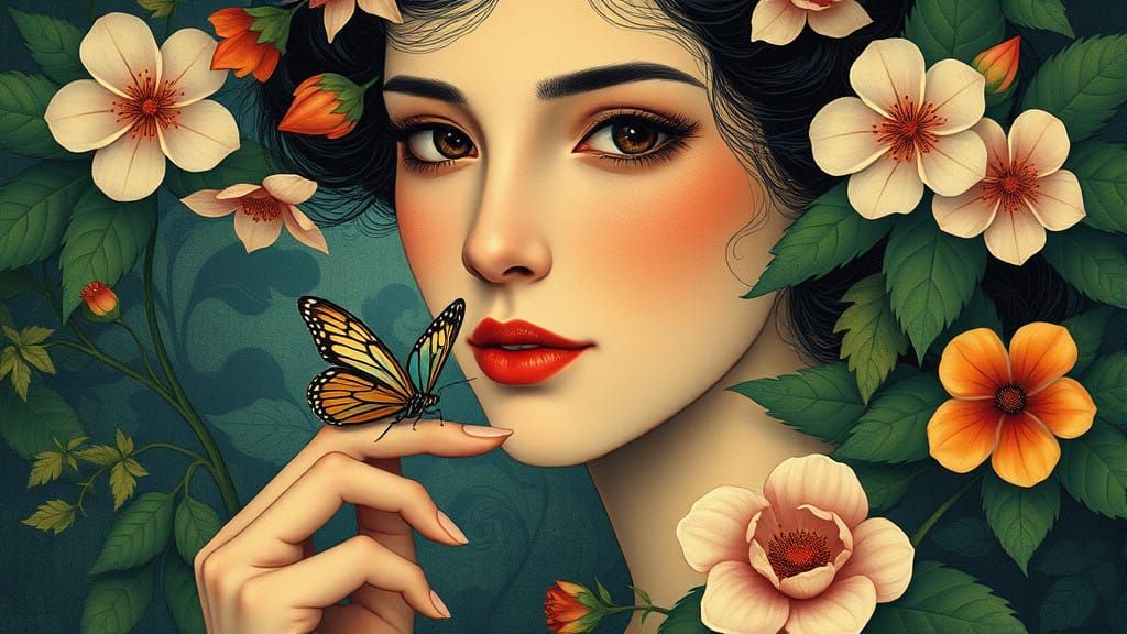 Surrealist Goddess Among Blooming Flowers and Delicate Butte...