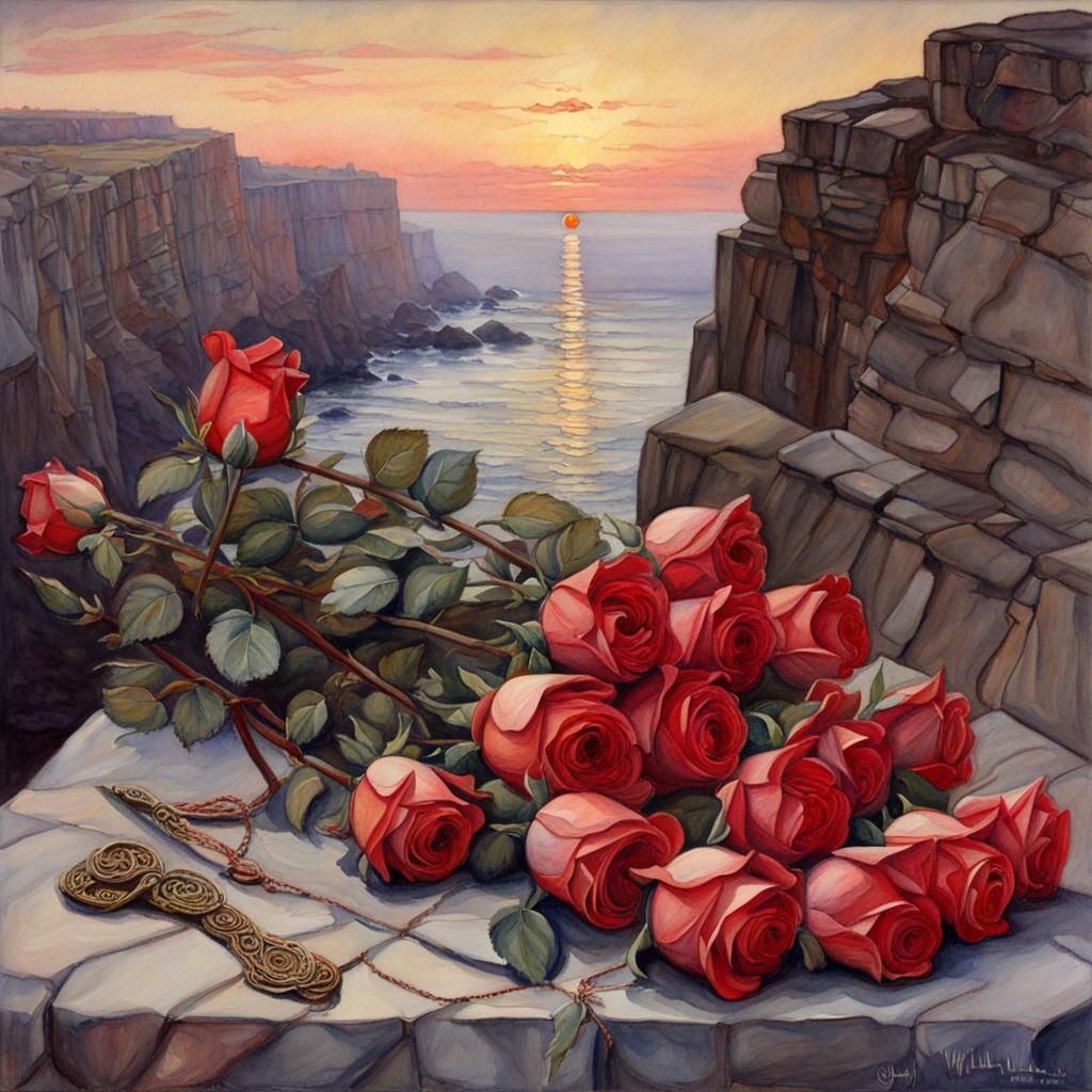 Roses on Cliff at Dawn in Watercolor Style