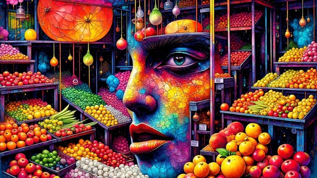 Neon Farmstand Eruption in Inkblot Style