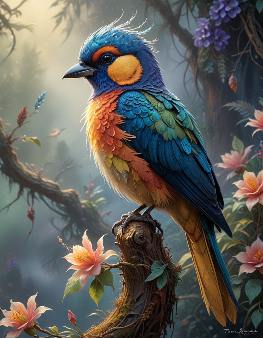 Exotic Bird Sgraffito Art with Misty Atmosphere