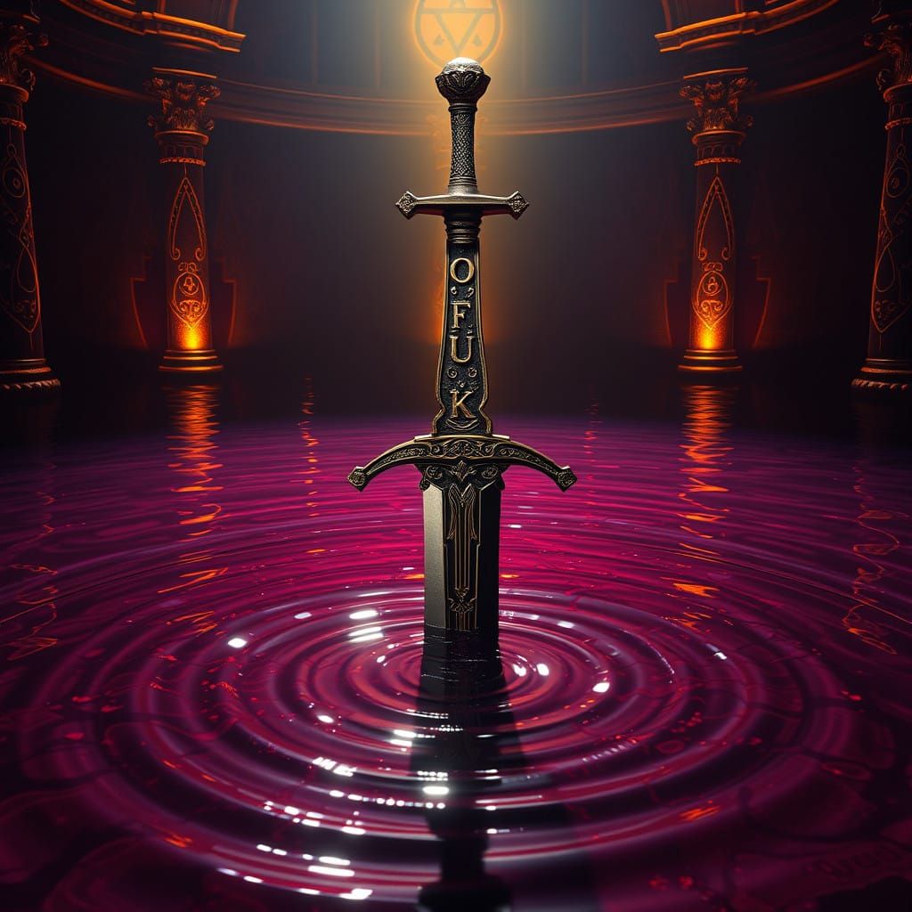 Dark Fantasy Sword at Blood-Soaked Pool in Gothic Illuminati...