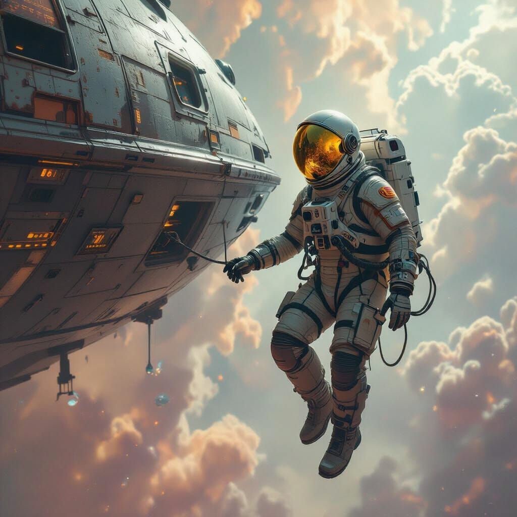 Astronaut Adrift Among Cosmic Nebulae