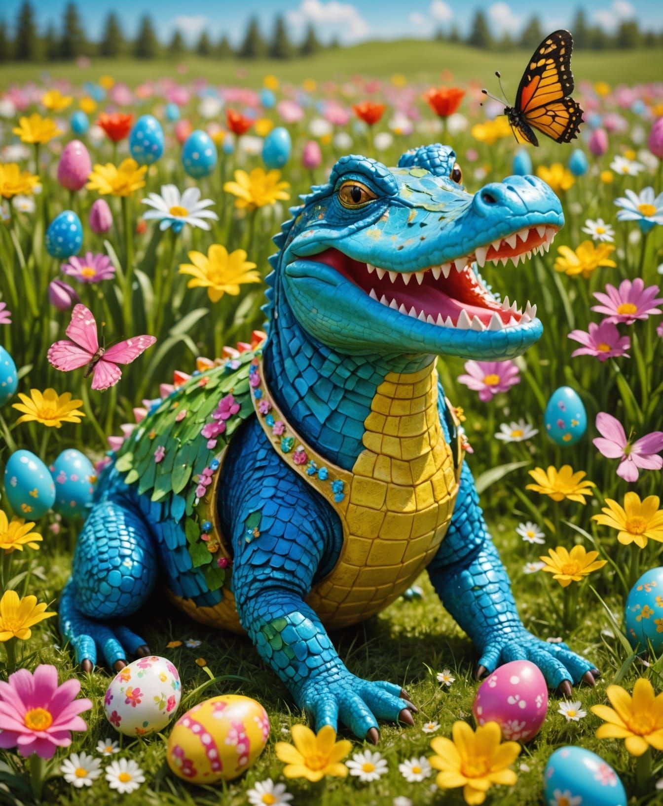 Vibrant Easter Crocodile in a Colorful Meadow