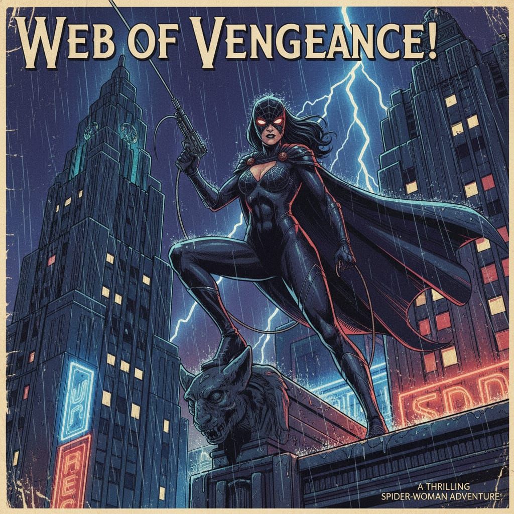 Female Spider Character in Art Deco Cityscape