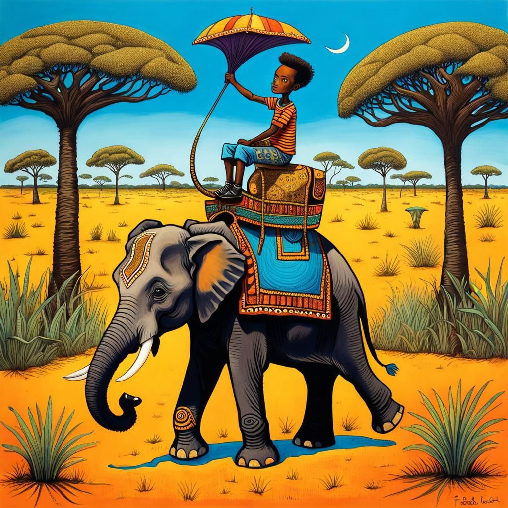 Boy Rides Elephant in Vibrant Outsider Art Style