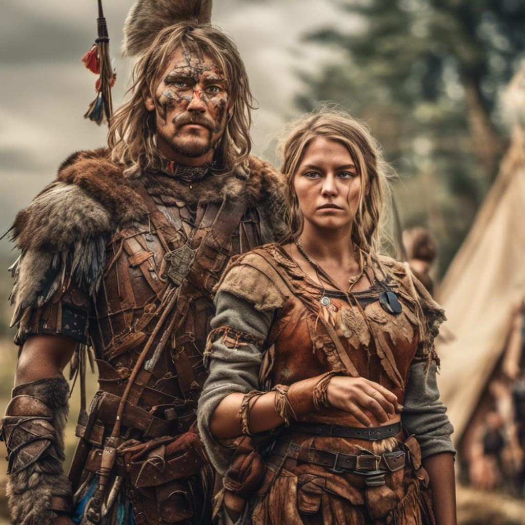 <lora:NC Hyperreal:1.0> <lora:Goci:1.0> scared richly dressed 19 year old beautiful woman standing next to a warrior Hyp...