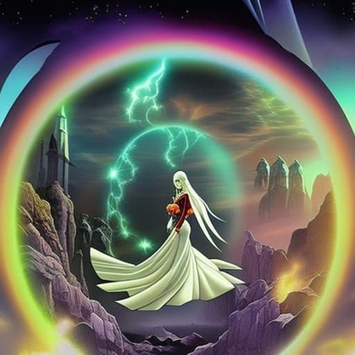 Ghostly Portal to Steampunk Dystopia in Synthwave Style