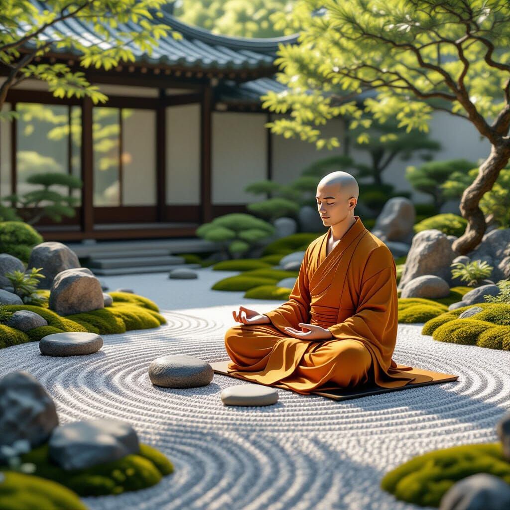 Monk Meditating in Zen Garden, Highly Detailed Digital Art