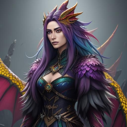 Rainbow Dragon Woman: Detailed Fantasy Art