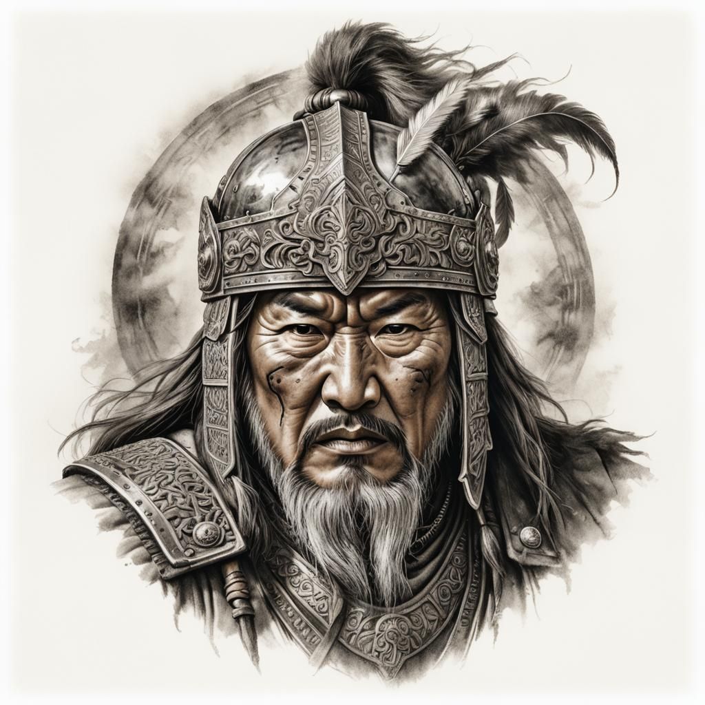 Fierce Genghis Khan Charcoal Portrait