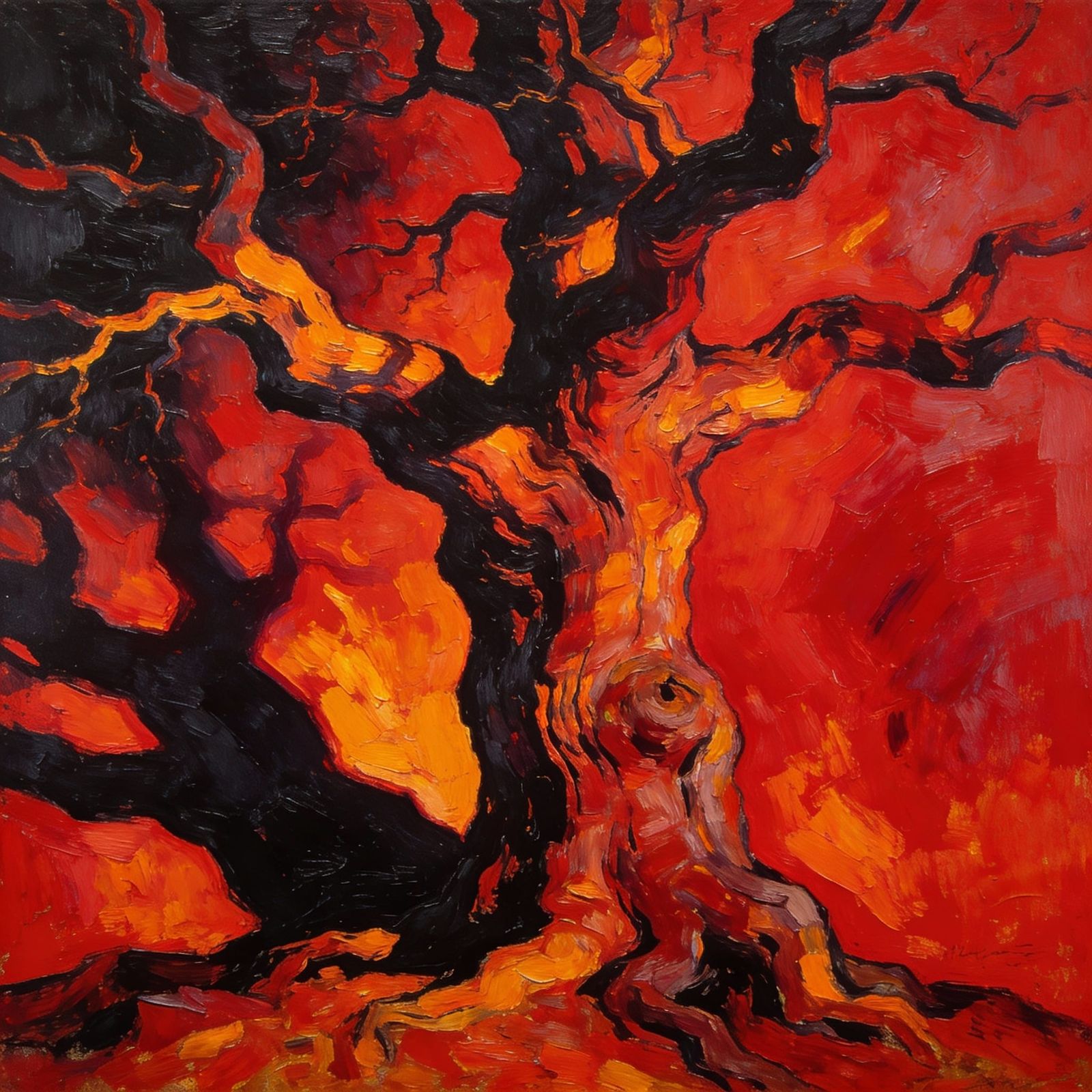 Fiery Red Expressionist Tree in Bold Impasto Style