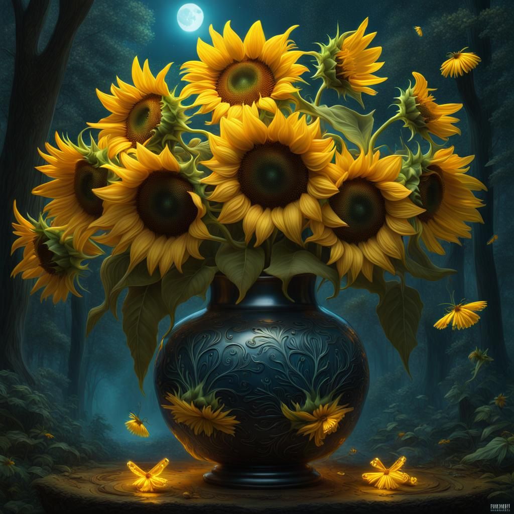 Floating Vase of Sunflowers in Bioluminescent Forest