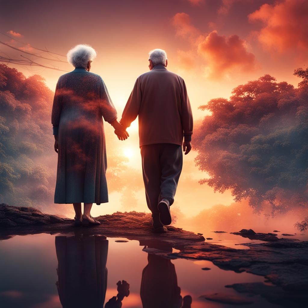 Sunset Overlapping Elderly Couple in Double Exposure