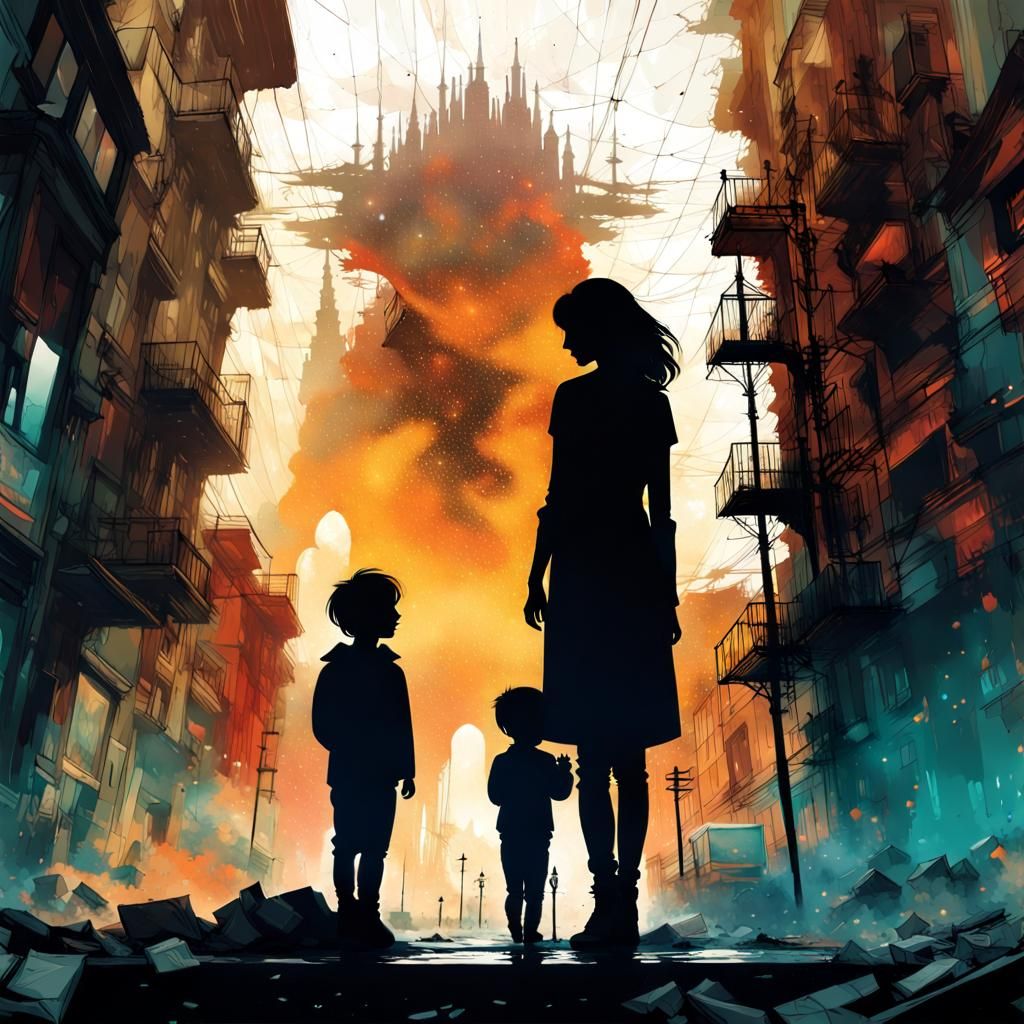 Dramatic Silhouette in Space with City Bombing