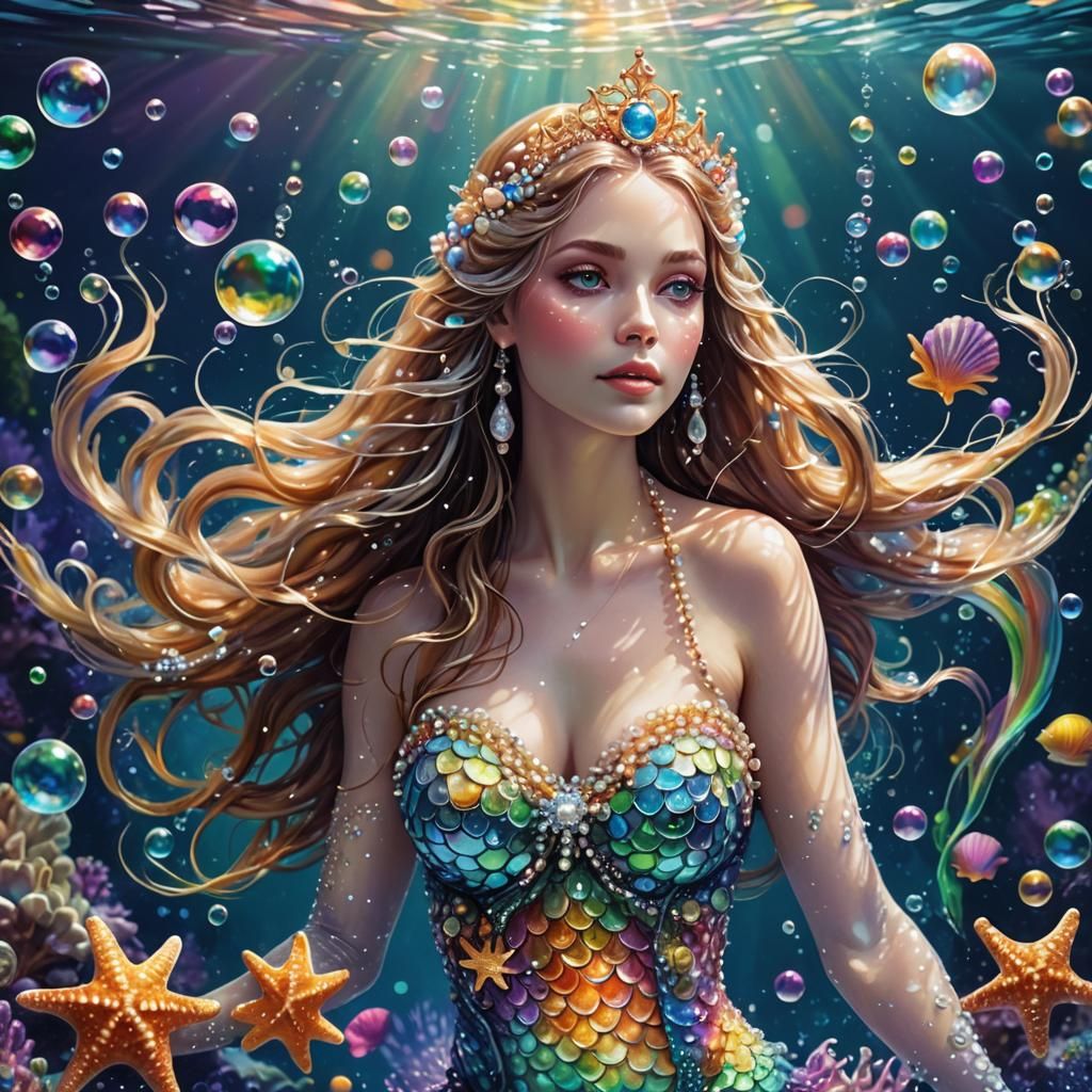 Graceful Mermaid with Pearls in Michel Ocelot Style