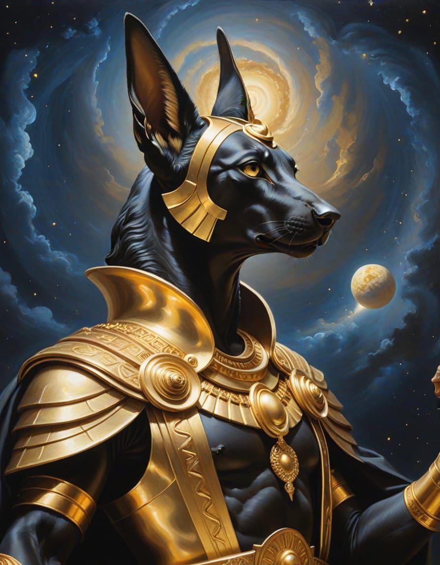 Anubis Points to Nebula in Baroque Oil Painting