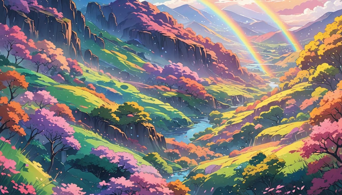 Vibrant Anime Art with Rainbow Elements