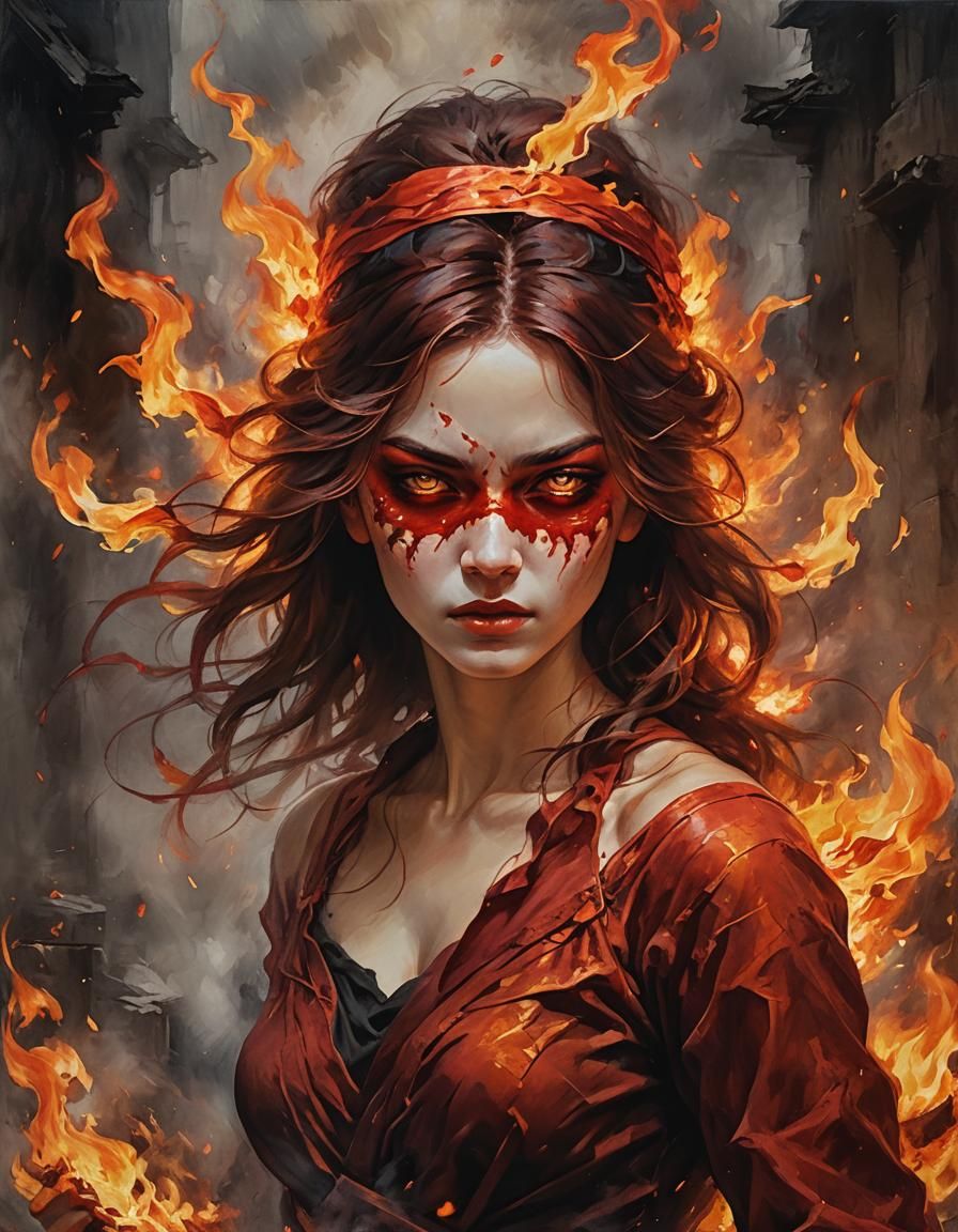 Fiery Woman with Crimson Blindfold