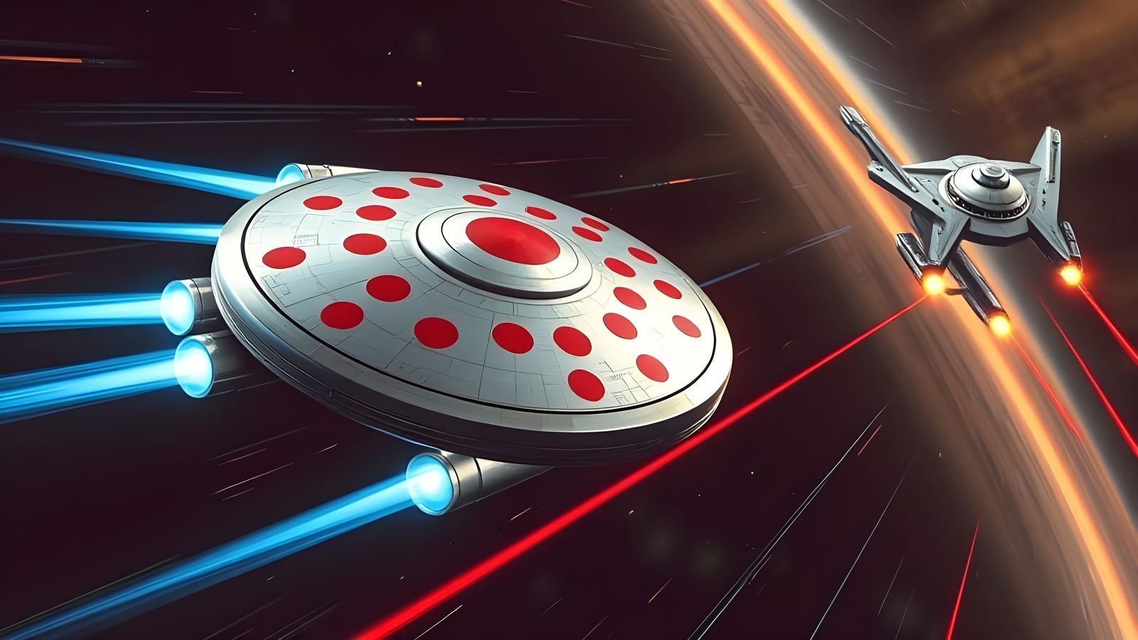 Polka Dot Spaceship Chased by Warship