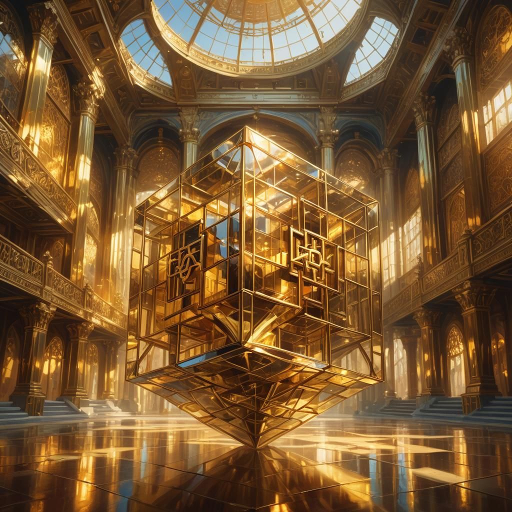 Glass Cube in Golden Palace: Surreal Concept Art