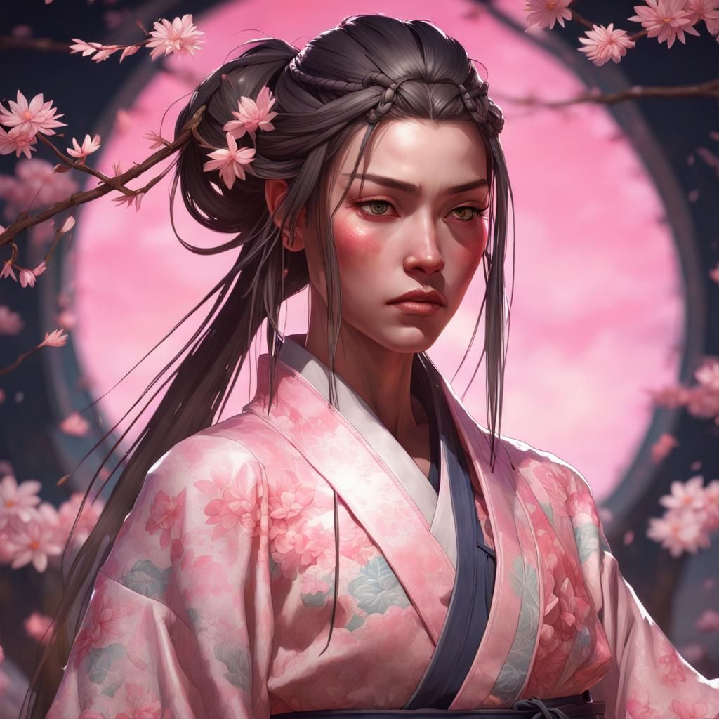 Samurai in Floral Kimono at Night Festival