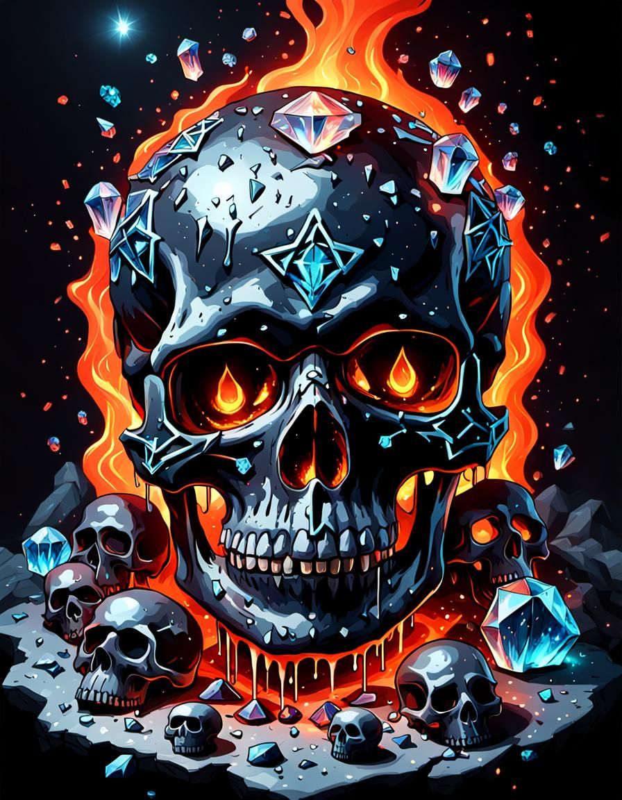Glowing Magma Skull Surrounded by Crystals and Runes