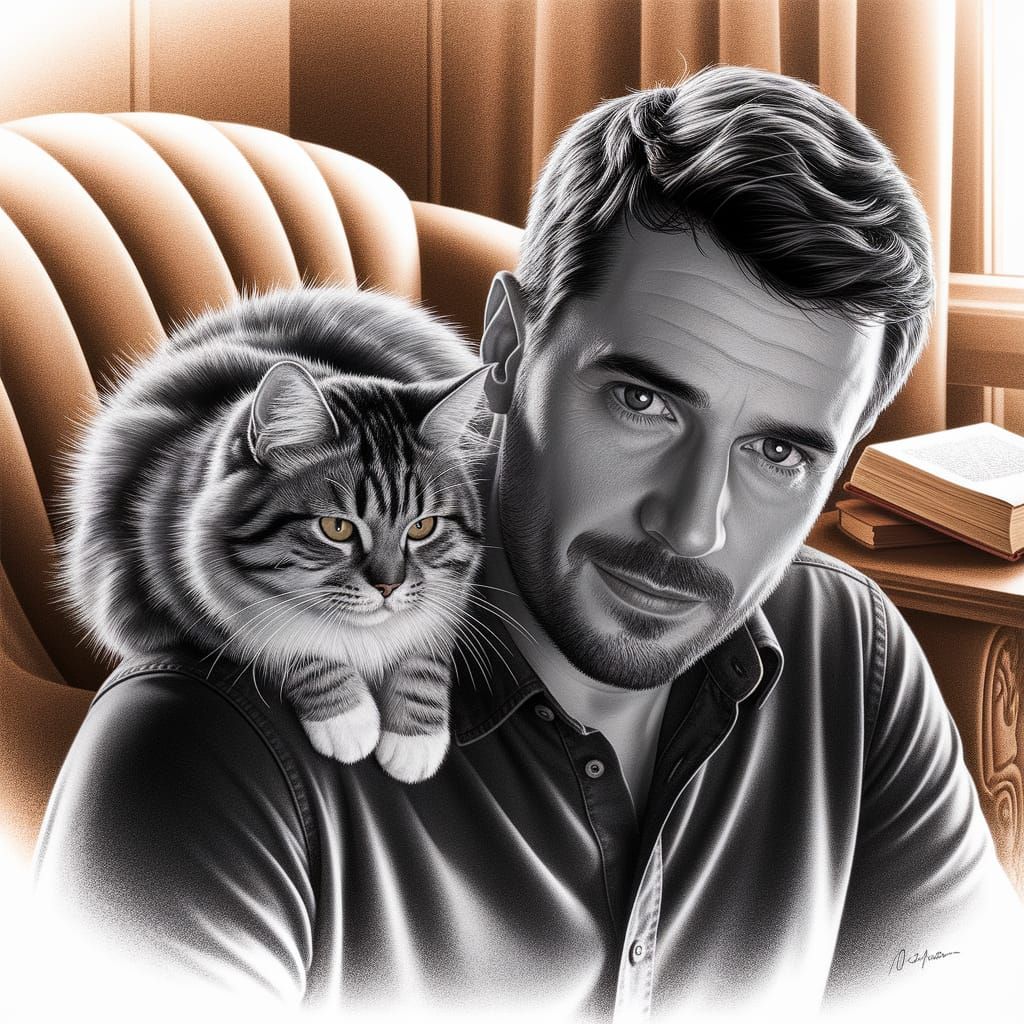 Detailed Charcoal Drawing of Man with Fluffy Cat
