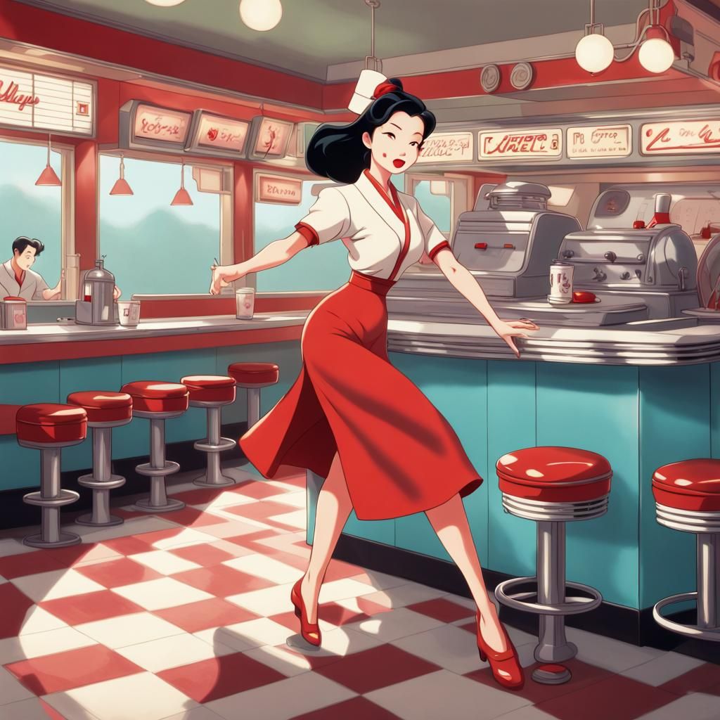 Mulan Dances in 1950s Diner, Anime Style