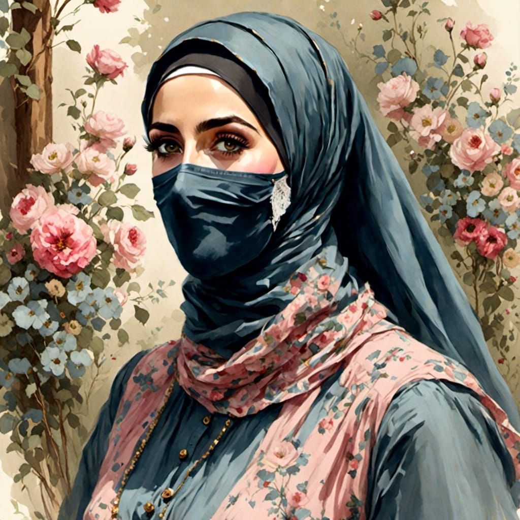 Vintage Comic Portrait of Overweight Hijabi in Forest