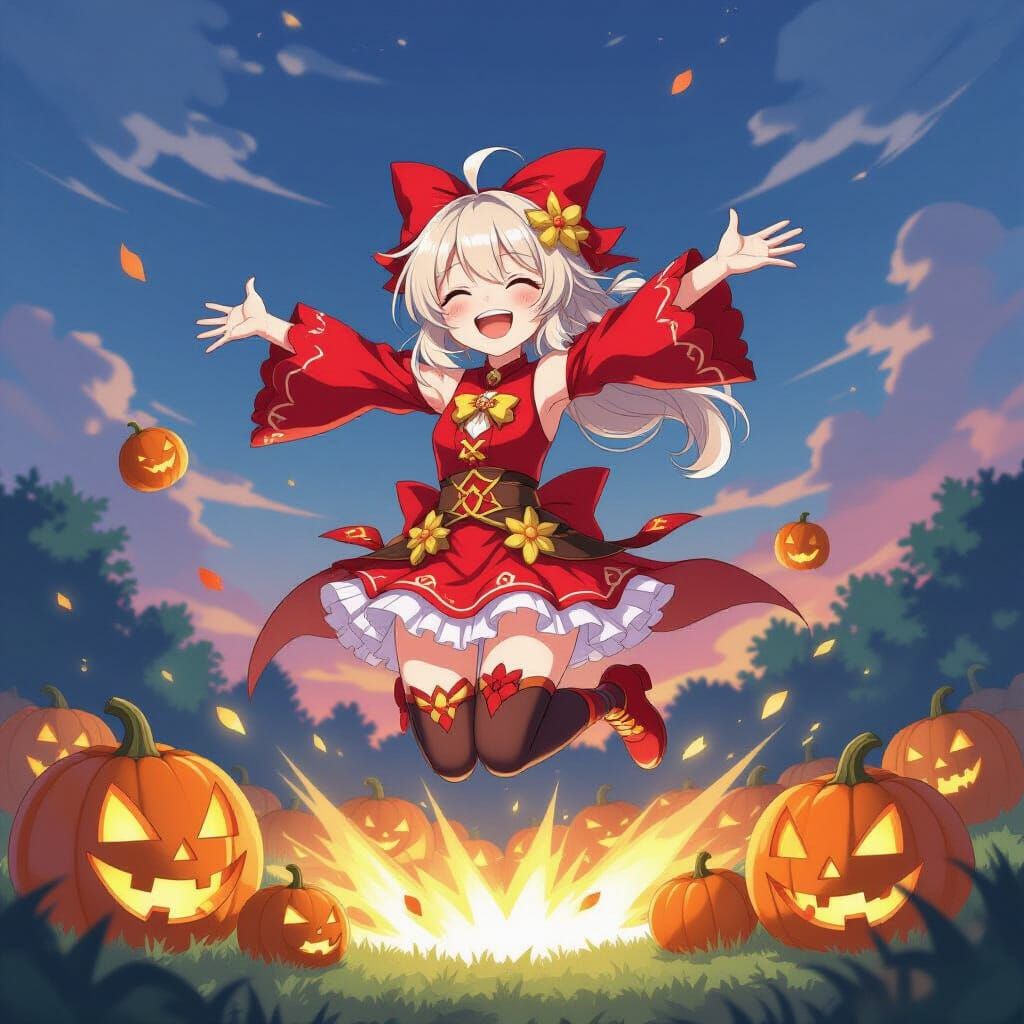 Genshin Impact Klee Anime Art with Exploding Pumpkins