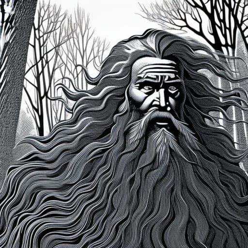 Old Mage Portrait in Black Ink Comic Art