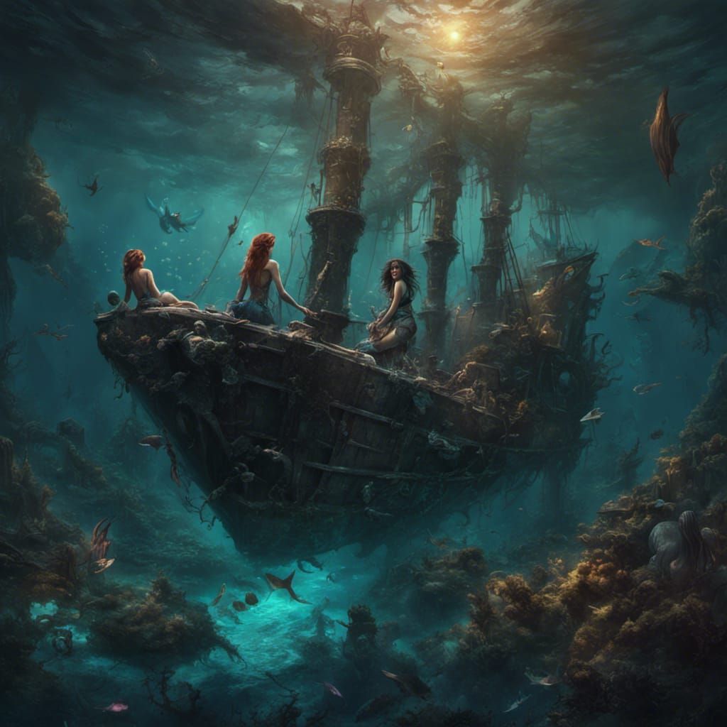 Mermaids exploring a ship wreck