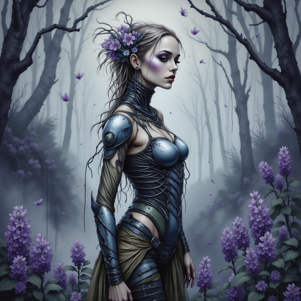 Biomechanical Dryad in Misty Forest with Lilac Petals